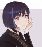  1girl bangs blue_hair blush bob_cut choker commentary_request fingernails gradient gradient_hair head_rest highres lips long_sleeves looking_at_viewer multicolored_hair original purple_background purple_eyes shiny shiny_hair simple_background solo upper_body wave_61 
