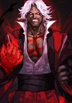  capcom_vs_snk_2 collarbone dark_persona dark_skin energy facial_hair gloves glowing glowing_eyes glowing_hand god_rugal high_collar hungry_clicker mustache open_hand red_eyes rugal_bernstein shirt snk the_king_of_fighters torn_clothes torn_shirt tuxedo white_hair white_shirt 