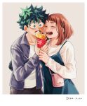  1boy 1girl blush boku_no_hero_academia brown_hair casual couple crepe dating dessert eating food green_eyes green_hair grey_background hetero highres laughing midoriya_izuku open_mouth simple_background tabetai_omochi uraraka_ochako 