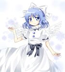  1girl angel_wings black_bow black_ribbon black_sash blue_eyes blue_hair blush bow buttons closed_mouth commentary_request dress eyebrows_visible_through_hair feathered_wings frilled_sleeves frills hair_bow highres looking_at_viewer mai_(touhou) ougi_maimai ribbon sash short_hair short_sleeves smile snowflakes touhou touhou_(pc-98) white_bow white_dress white_wings wings 