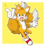  2021 5_fingers acky05 anthro blue_eyes canid canine clothing dipstick_tail fingers footwear fox fur gloves handwear hi_res male mammal markings miles_prower mostly_nude open_mouth open_smile pose sega simple_background smile solo sonic_the_hedgehog_(series) tail_markings tongue white_body white_fur yellow_body yellow_fur 