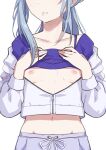  blue_hair breasts breasts_out clothes_lift head_out_of_frame highres hinomori_shizuku jacket long_hair mole morisobo nipples no_bra project_sekai shirt_lift simple_background small_breasts teeth white_background 