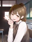  1girl :d absurdres ahoge alternate_costume alternate_hairstyle brown_hair brown_vest classroom desk highres idolmaster idolmaster_shiny_colors indoors kuwayama_chiyuki light_rays looking_at_viewer necktie ponytail sjuno smile solo sunlight upper_body v vest 