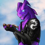  anthro butt claws dragon epic_games food fortnite hi_res humanoid hybrid hybrid_(fortnite) male muscular muscular_male pizza purple_body ranged_weapon scales scalie sharp_teeth shuriken solo teeth tezo thick_thighs video_games weapon 