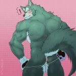  anthro anus back_muscles blush breke butt canid canine canis clothing embarrassed exclamation_point harzu hi_res lifewonders looking_back male mammal muscular muscular_anthro muscular_male solo thong tokyo_afterschool_summoners underwear video_games wolf 