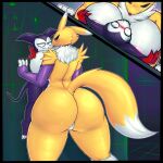  absurd_res against_surface against_wall anthro bandai_namco big_breasts big_butt boiful breast_squish breasts butt digimon digimon_(species) duo female hi_res impmon male male/female renamon size_difference squish 