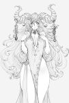  1girl absurdres bare_shoulders big_hair bracelet breasts choker cleavage highleg highres horn_ornament horns jeffr jewelry long_hair monochrome original shiny shiny_skin simple_background solo thighs very_long_hair white_background 