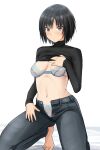  1girl amagami barefoot black_eyes black_hair black_sweater bra breasts clothes_lift commentary_request denim full_body grey_pants hand_on_own_chest highres jeans kneeling lifted_by_self looking_at_viewer nanasaki_ai panties pants short_hair simple_background small_breasts solo sweater sweater_lift turtleneck underwear white_background white_bra white_panties ykh1028 