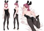  1girl absurdres animal_ears black_legwear black_leotard bow bowtie commentary_request detached_collar fake_animal_ears full_body green_eyes highres leotard lying multiple_views ojipon on_stomach open_fly original pantyhose playboy_bunny purple_hair rabbit_ears rabbit_tail red_bow red_bowtie short_hair simple_background strapless strapless_leotard tail unzipped white_background wrist_cuffs 