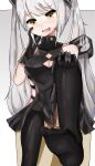  1girl absurdres black_dress black_gloves black_legwear blush breasts commentary destroyer_(girls&#039;_frontline) dress eyebrows_visible_through_hair fang feet foot_focus foot_out_of_frame girls&#039;_frontline gloves hand_on_own_face hand_on_own_knee highres leg_up long_hair looking_at_viewer looking_down medium_breasts no_shoes on_box open_mouth sangvis_ferri simple_background sitting skin_fang sleeveless smile soles solo sweatdrop thighhighs tist twintails very_long_hair white_hair yellow_eyes 