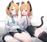  2girls animal_ears ass bangs bed_sheet black_bow black_dress black_legwear black_skirt blonde_hair blue_archive blush bow brown_hair cat_ear_headphones cat_ears cat_tail closed_mouth collared_shirt dress eyebrows_visible_through_hair fake_animal_ears green_eyes hair_bow hair_ornament headphones highres holding light_brown_hair long_hair long_sleeves looking_at_viewer lying midori_(blue_archive) momoi_(blue_archive) multiple_girls open_mouth parted_lips pillow pleated_skirt red_bow red_eyes ribbon shirt siblings sidelocks sitting skirt sleeves_past_wrists smile somray tail tail_raised thighhighs twins twintails white_shirt 