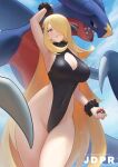  1girl alternate_costume arm_up armpits black_leotard blonde_hair breasts cleavage cleavage_cutout closed_mouth clothing_cutout cloud commentary_request covered_navel cynthia_(pokemon) day eyelashes fur_collar fur_cuffs garchomp hair_over_one_eye highleg holding holding_poke_ball jdprakoso leotard long_hair looking_at_viewer outdoors poke_ball poke_ball_(basic) pokemon pokemon_(creature) pokemon_(game) pokemon_dppt sky smile thighs very_long_hair web_address 