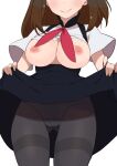  1girl breasts breasts_out brown_hair cleavage clothes_lift gatchaman_crowds head_out_of_frame highres ichinose_hajime morisobo nipples no_bra panties panties_under_pantyhose pantyhose short_hair simple_background skirt skirt_lift smile solo underwear white_background 