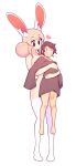  1boy 1girl animal_ear_fluff animal_ears barefoot breasts brown_hair carrying carrying_person clothed_male_nude_female commentary english_commentary eyebrows_visible_through_hair fiz_(fizintine) fizintine full_body heart hetero highres hug large_breasts large_penis no_pants no_pupils nude original oversized_clothes penis pink_hair rabbit_ears rabbit_girl side_bun simple_background size_difference sleeves_past_fingers sleeves_past_wrists smile standing thighhighs uncensored white_background white_legwear 