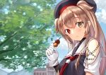  1girl asymmetrical_clothes beret black_headwear black_serafuku brown_eyes building chain dango eating food gloves hat heterochromia kantai_collection light_brown_hair long_hair mayura2002 murasame_(kancolle) murasame_kai_ni_(kancolle) neckerchief outdoors red_eyes red_neckerchief sailor_collar school_uniform serafuku solo tree two_side_up upper_body wagashi white_gloves white_sailor_collar 