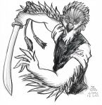  2022 absurd_res accipitrid accipitriform anthro avian bird button_(fastener) clothing eagle feather_hands feathers furrowed_brow graphite_(artwork) hi_res holding_object holding_sword holding_weapon looking_at_viewer male marker_(artwork) melee_weapon monochrome pencil_(artwork) philippine_eagle rao_shen rolled_up_sleeves solo sword tassels thelivingshadow topwear traditional_media_(artwork) vest waist_up weapon 