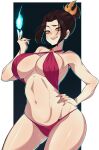  1girl avatar:_the_last_airbender avatar_(series) azula bikini black_hair blue_fire breasts commentary commission cowboy_shot element_bending english_commentary fire hair_bun hair_ornament hand_on_hip highres large_breasts looking_at_viewer navel o-ring o-ring_bikini pyrokinesis solo swimsuit tongue tongue_out topknot yoshiikirablr 