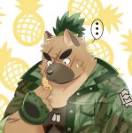  ... amidasuke anthro brown_body brown_fur camo camo_print canid canine canis clothing cookie domestic_dog eyebrows fingerless_gloves food fruit fur gloves handwear hi_res lifewonders male mammal pineapple plant scar solo thick_eyebrows tokyo_afterschool_summoners topknot video_games yasuyori 