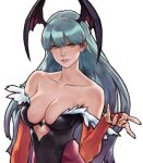  1girl bangs bare_shoulders black_leotard breasts bridal_gauntlets cleavage clothing_cutout collarbone commentary_request feather_trim fingernails green_hair hand_up head_wings heart_cutout highres leotard lips long_hair looking_at_viewer medium_breasts morrigan_aensland pantyhose parted_lips shiny shiny_hair simple_background strapless upper_body vampire_(game) wave_61 white_background yellow_eyes 