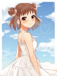  1girl blue_sky blush border brown_hair cloud double_bun dress heart highres idolmaster idolmaster_cinderella_girls looking_at_viewer looking_to_the_side mmmakaron888 munakata_atsumi outside_border sky sleeveless sleeveless_dress solo upper_body white_border white_dress 