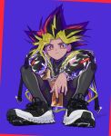  1boy black_footwear black_hair blonde_hair bright_pupils buckle card chain closed_mouth commentary_request full_body glint highres holding holding_card jewelry koma_yoichi looking_at_viewer male_focus millennium_puzzle necklace orange_eyes purple_background shoes shorts smile sneakers solo spiked_hair squatting twitter_username white_pupils yami_yuugi yu-gi-oh! yu-gi-oh!_duel_monsters 