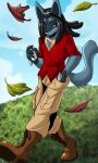  2016 anthro avencri black_hair blue_body blue_fur boots bottomwear brown_eyes cargo_pants cellphone chest_spike clothed clothing dreadlocks dress_shirt falling_leaves footwear fur hair hand_in_pocket hand_spike hi_res holding_cellphone holding_object holding_phone humanoid_hands jack_hadron leaf lucario male nintendo outside pants phone pockets pok&eacute;mon pok&eacute;mon_(species) pok&eacute;morph shirt solo spikes spikes_(anatomy) survival_of_the_fittest topwear upstairstudios video_games walking 