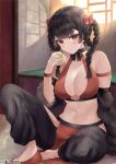  1girl arm_strap baozi bare_shoulders black_choker black_hair black_pants braid breasts choker cleavage closed_mouth crop_top detached_sleeves food frown fujimori_shiki halterneck hand_up hip_vent holding holding_food large_breasts long_hair long_sleeves looking_at_viewer midriff navel orange_eyes original pants pelvic_curtain pout revealing_clothes sitting solo stomach twin_braids twintails v-shaped_eyebrows wristband 