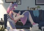  2022 5_fingers anthro barefoot big_breasts blue_eyes blush bottomwear breasts clothed clothing dragon feet female fingers furniture hair horn huge_breasts inside kemono lanya_(shian) long_hair multicolored_body multicolored_hair on_sofa pink_body pink_hair purple_body purple_hair relaxing shian shirt shorts sitting sofa solo tablet topwear white_body 
