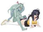  2girls :d absurdres ahoge ass bandaid bandaid_on_arm bandaid_on_neck bangs barefoot black_hair black_skirt blush book breasts claws collarbone colored_sclera colored_skin commentary completely_nude cthulhu cthulhu_mythos english_commentary feet full_body genderswap genderswap_(mtf) green_skin grey_hair hair_over_one_eye highres large_breasts long_hair long_sleeves long_tongue looking_at_viewer looking_away lying mole mole_on_breast mr_tangsuyuk multicolored_hair multiple_girls nude on_stomach one_eye_covered open_book open_mouth original panties personification pleated_skirt reading red_eyes red_sclera sharp_teeth shirt shoes simple_background sitting sitting_on_person skirt sleeves_rolled_up smile sneakers teeth tentacle_hair thighhighs tongue two-tone_hair underwear vest wavy_mouth white_background white_legwear white_panties white_shirt wristband yellow_eyes yellow_vest 