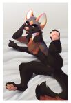  2022 4_toes african_wild_dog anthro black_body black_fur breasts canid canine claws digital_media_(artwork) feet female fur grey_body grey_fur hi_res kitchiki mammal open_mouth orange_body orange_fur pawpads paws smile solo teeth toe_claws toes tongue 