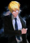  1boy a_mo_mame black_background black_jacket blonde_hair blue_necktie collared_shirt floating_hair formal grey_eyes hand_on_own_arm head_tilt highres jacket male_focus necktie nijisanji nijisanji_en shirt smoke solo sonny_brisko suit upper_body virtual_youtuber white_shirt 