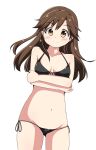  1girl arashio_(kancolle) bikini black_bikini breasts brown_eyes brown_hair closed_mouth collarbone commentary_request cowboy_shot crossed_arms eyebrows_visible_through_hair front-tie_top highres kantai_collection long_hair looking_at_viewer nanakusa_nazuna navel side-tie_bikini simple_background small_breasts smile solo swimsuit white_background 