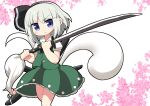  1girl :&lt; bangs blue_eyes bob_cut cherry_blossoms closed_mouth dokuta dress ghost headband holding holding_sword holding_weapon katana konpaku_youmu looking_at_viewer pinafore_dress polo_shirt shirt short_hair short_sleeves solo sword touhou v-shaped_eyebrows weapon white_background white_hair white_shirt 