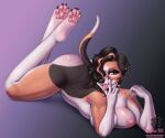  anthro big_breasts breasts canid canine canis collar domestic_dog female fur gesture hair hair_over_eye hi_res lying mammal multicolored_body multicolored_fur nipples nude on_front one_eye_obstructed reina. solo spiked_collar spikes suggestive suggestive_gesture tongue tongue_out 