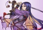  1girl artist_name blue_lips bodysuit breasts commentary_request eyebrows eyelashes fate/grand_order fate_(series) fingerless_gloves forehead gloves gold_trim gradient gradient_background hands_up holding holding_sword holding_weapon katana large_breasts long_sleeves looking_ahead minamoto_no_raikou_(fate) miyo_(13th_floor) parted_lips pointy_nose puffy_long_sleeves puffy_sleeves purple_bodysuit purple_eyes purple_hair purple_nails rope simple_background solo sword tassel upper_body v-shaped_eyebrows weapon 