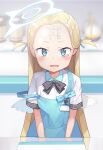  1girl apron black_bow blonde_hair blue_apron blue_archive blue_eyes blurry blurry_background blush bow collared_shirt commentary_request depth_of_field fang forehead forehead_writing highres long_hair looking_at_viewer newey open_mouth shirt short_sleeves solo sora_(blue_archive) strap_slip striped striped_bow tears tic-tac-toe two_side_up upper_body very_long_hair wavy_hair white_shirt 