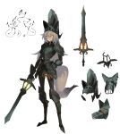  1girl absurdres animal_ears armor armored_boots bangs boots breastplate faulds full_armor full_body gauntlets ghost_(tama) glowing glowing_eyes greaves grey_background grey_hair hair_between_eyes hand_on_hip helmet highres holding holding_sword holding_weapon long_hair metal_boots original pauldrons shoulder_armor standing sword tail weapon wolf_ears wolf_tail 