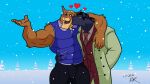  &lt;3 alexander_allister anthro black_body blue_clothing blue_eyes blue_jacket blue_topwear brown_body clothing duo felid feline green_clothing green_eyes green_jacket green_topwear happy jacket kissing lynx male male/male mammal marty_kalman muscular retrouniverseart smile snow topwear winter 