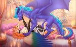  2022 4_toes absurd_res bitemylip blue_hair claws detailed_background digital_media_(artwork) dragon duo feet feral hair hi_res horn lying membrane_(anatomy) membranous_wings on_back orange_hair purple_body purple_scales scales scalie smile standing toes western_dragon wings 
