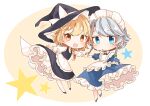  2girls :d apron back_bow black_headwear black_skirt black_vest blonde_hair blue_dress blue_eyes bow braid chibi commentary_request dress eyelashes frilled_apron frills hair_ribbon hat hat_bow hat_ribbon highres holding_hands izayoi_sakuya kirisame_marisa long_hair long_sleeves looking_at_viewer maid_apron multiple_girls open_mouth petticoat puffy_sleeves red_ribbon ribbon sash short_hair sidelocks signature skirt smile souta_(karasu_no_ouchi) sparkle star_(symbol) touhou tress_ribbon twin_braids vest waist_apron white_apron white_bow white_ribbon white_sash witch_hat yellow_eyes 