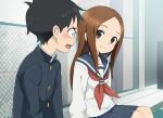  1boy 1girl bangs black_hair blue_sailor_collar blush brown_eyes brown_hair closed_mouth fence forehead karakai_jouzu_no_takagi-san long_hair neckerchief nishikata nyoro_(nyoronyoro000) open_mouth parted_bangs profile red_neckerchief sailor_collar school_uniform shirt sitting smile straight_hair takagi-san 