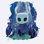  1other border cape dated facing_viewer full_body grass grey_cape highres hollow_eyes hollow_knight horns knight_(hollow_knight) plant shadow signature solo standing sunlight tabiimation vines weapon weapon_on_back white_border 