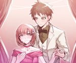  1boy 1girl ahoge bangs black_bow black_bowtie blush bow bowtie braid breasts brown_hair choker collarbone danganronpa_(series) danganronpa_10th_anniversary_costume danganronpa_2:_goodbye_despair dress galaga green_shirt h75_n3 hair_ornament hand_up hinata_hajime holding_hands jacket long_sleeves looking_at_another medium_breasts nanami_chiaki off-shoulder_dress off_shoulder pink_choker pink_dress pink_eyes shirt short_hair smile spiked_hair upper_body vest white_jacket white_vest 