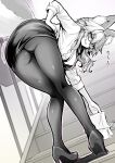  1girl animal_ear_fluff animal_ears ass bangs bent_over bra bra_peek breasts cleavage dress_shirt fate/extra fate_(series) fox_ears fox_girl fox_tail greyscale hair_between_eyes high_heels highres large_breasts long_hair long_sleeves looking_at_viewer looking_back monochrome office_lady pencil_skirt shirt sidelocks skirt solo stairs tail tamamo_(fate) tamamo_no_mae_(fate/extra) translation_request underwear wisespeak 
