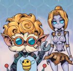  1boy 1girl animal beard bee blonde_hair blue_background breasts bug cowboy_shot facial_hair floating gloves goggles gradient gradient_background green_eyes heimerdinger holding holding_wrench league_of_legends medium_breasts mustache no_pupils notice_lines orianna_(league_of_legends) phantom_ix_row pointy_ears robot shiny short_hair standing wrench yordle 