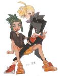  2boys absurdres ahoge ay_(1054105084) bangs black_pants blonde_hair blush dark-skinned_male dark_skin floral_print gladion_(pokemon) green_eyes green_hair grey_eyes hair_over_one_eye hau_(pokemon) highres hood hood_down hoodie male_focus multiple_boys orange_footwear orange_shorts pants pokemon pokemon_(game) pokemon_sm red_footwear shoes short_hair short_ponytail shorts spread_legs torn_clothes torn_pants v 