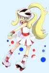  1girl :d atsumi_yoshioka bangs bare_arms bicycle_helmet bike_shorts blonde_hair blue_eyes blush commentary_request dress fingerless_gloves gloves helmet high_ponytail knees korrina_(pokemon) long_hair looking_to_the_side open_mouth pokemon pokemon_(game) pokemon_xy roller_skates skates smile solo tongue white_dress white_footwear white_gloves white_headwear 