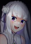  1girl :d absurdres artist_name bags_under_eyes bangs bare_shoulders blunt_bangs blush commentary emilia_(re:zero) eyebrows_visible_through_hair face flower hair_flower hair_ornament highres long_hair looking_at_viewer open_mouth portrait purple_eyes re:zero_kara_hajimeru_isekai_seikatsu sasoura smile solo white_hair yandere 