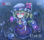  1girl :o arms_at_sides ascot bangs blonde_hair bone camera clenched_hands commentary_request crystal flandre_scarlet glowing glowing_eyes hat mob_cap one_side_up puffy_short_sleeves puffy_sleeves recording red_eyes red_skirt red_vest sekisei_(superego51) short_hair short_sleeves skirt skull solo standing timestamp touhou vest wings yellow_ascot 