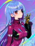  1girl bangs belt blue_hair bodysuit breasts eyebrows_visible_through_hair gloves kula_diamond long_hair looking_at_viewer medium_breasts onono_imoko purple_eyes simple_background the_king_of_fighters turtleneck upper_body zipper 